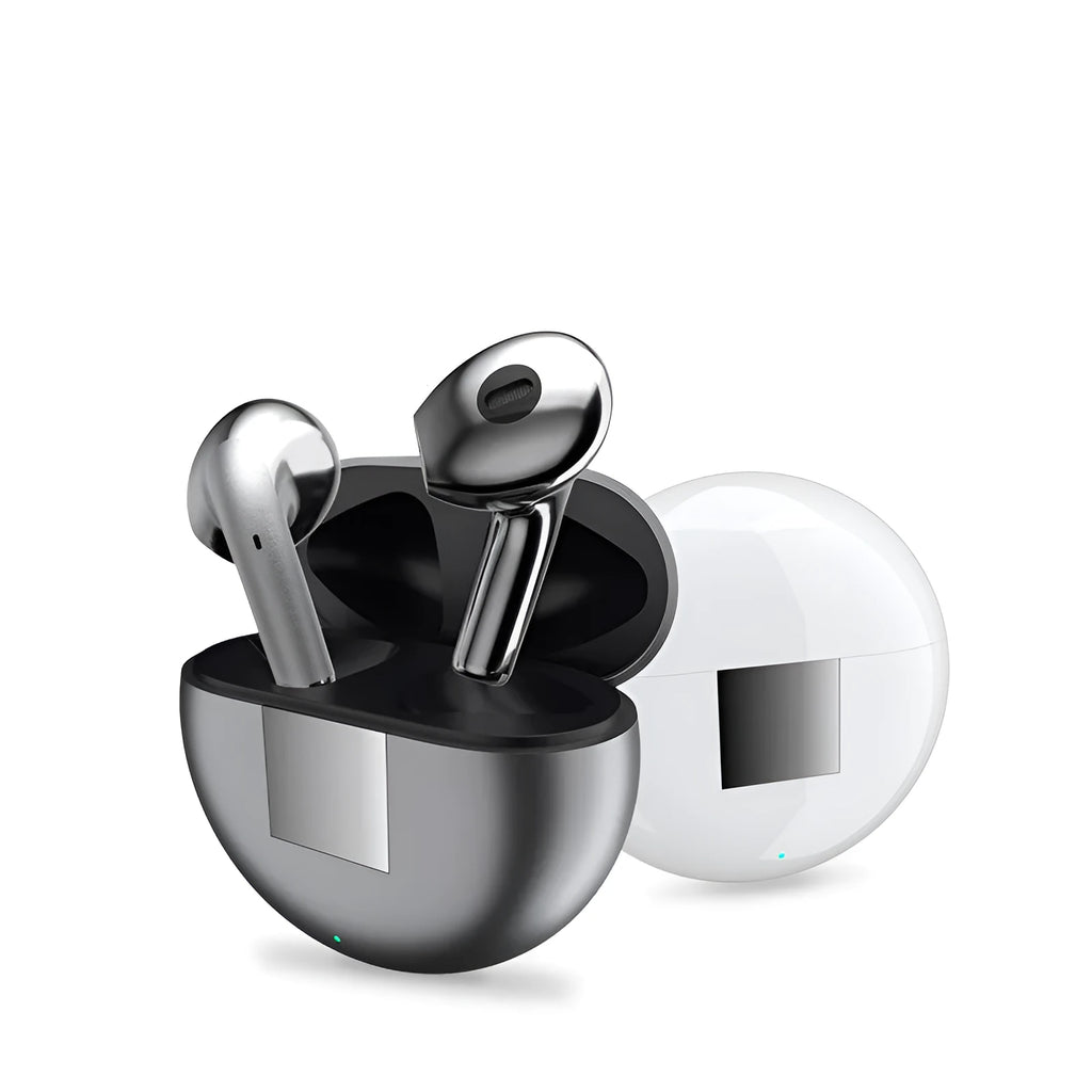 White Budz5 wireless Bluetooth headset with semi-in-ear design and charging compartment