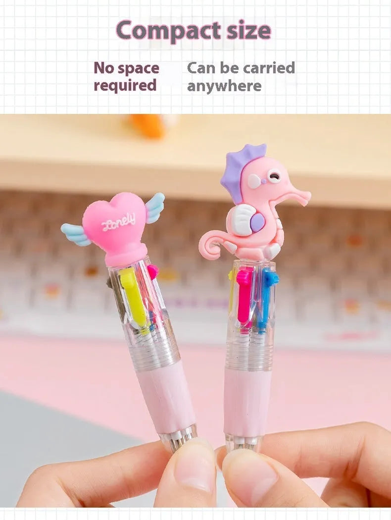 Cute cartoon-themed four-colour press-action ballpoint pen with plastic and silicone body.