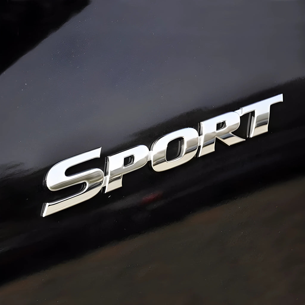 Sport tail sticker in silver electroplated finish, ABS material, 11.3cm length