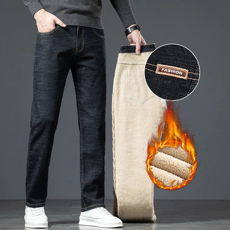 Men's loose straight fleece-lined jeans in black, mid-rise, zipper fly, winter wear