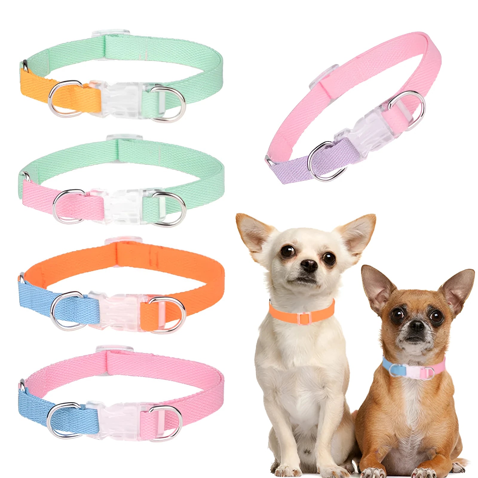 Polyester ribbon dog collar set with lead and chest strap in green and pink, adjustable size for small dogs