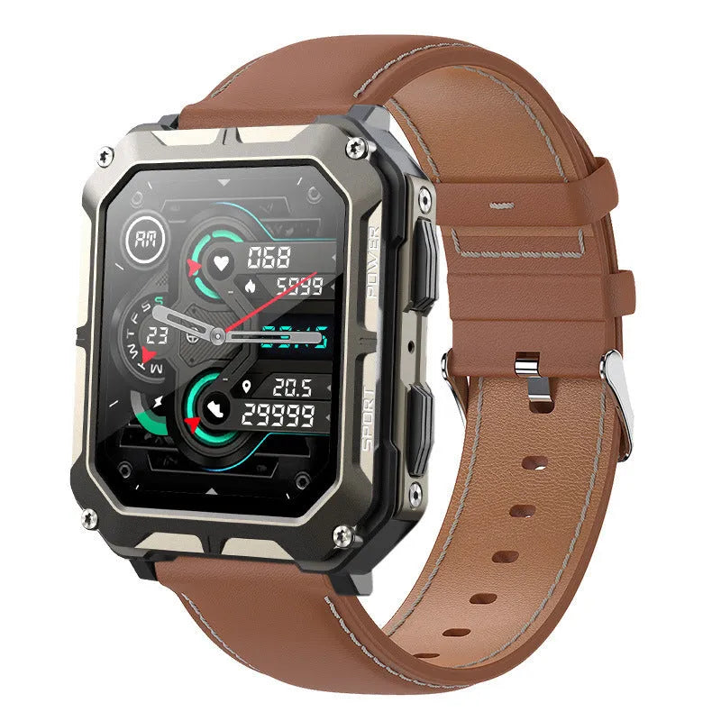 Square aluminium alloy smart watch with black silicone strap on wrist, showing touch and key interface, for Bluetooth call outdoor use