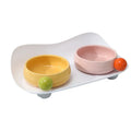 Ceramic raised pet feeding bowl set with non-slip silicone base in pink, pink yellow and yellow colours
