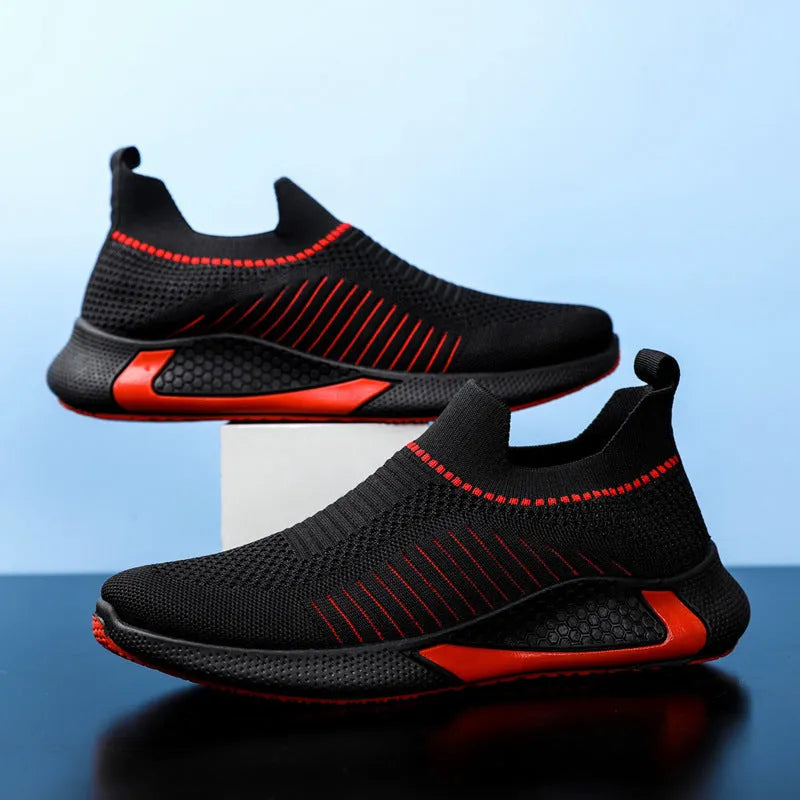 Men's striped mesh sock shoes with flyknit upper and lace-up front in three colour options