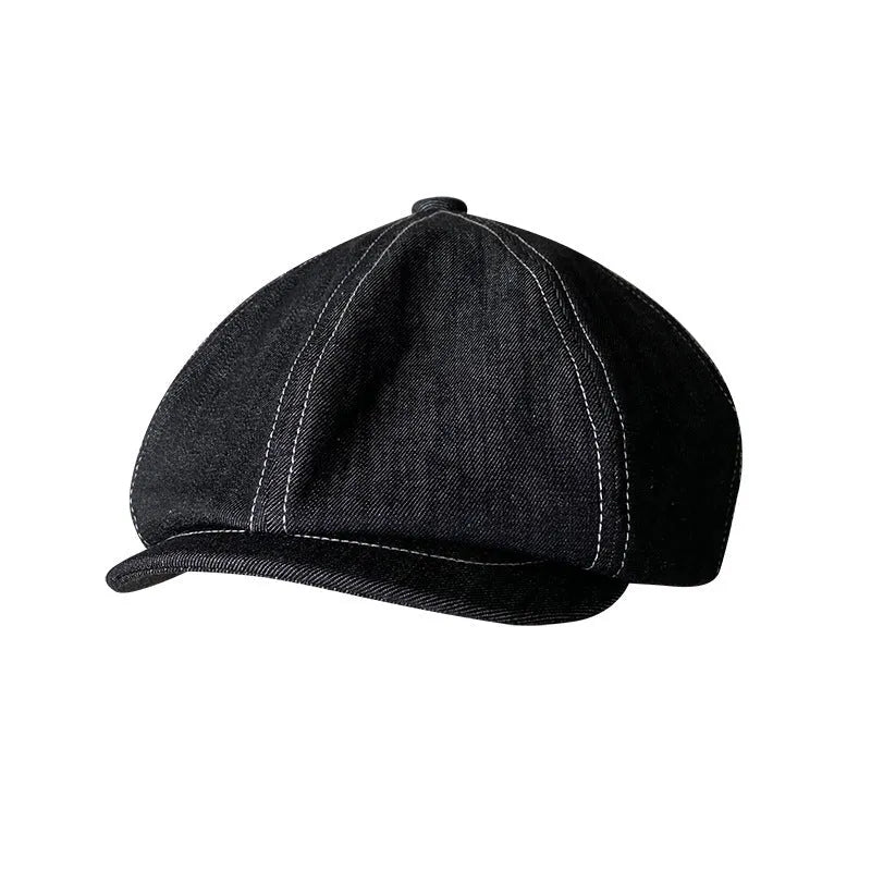 Black Japanese denim fabric six-panel retro beret hat for men and women unisex cotton cap