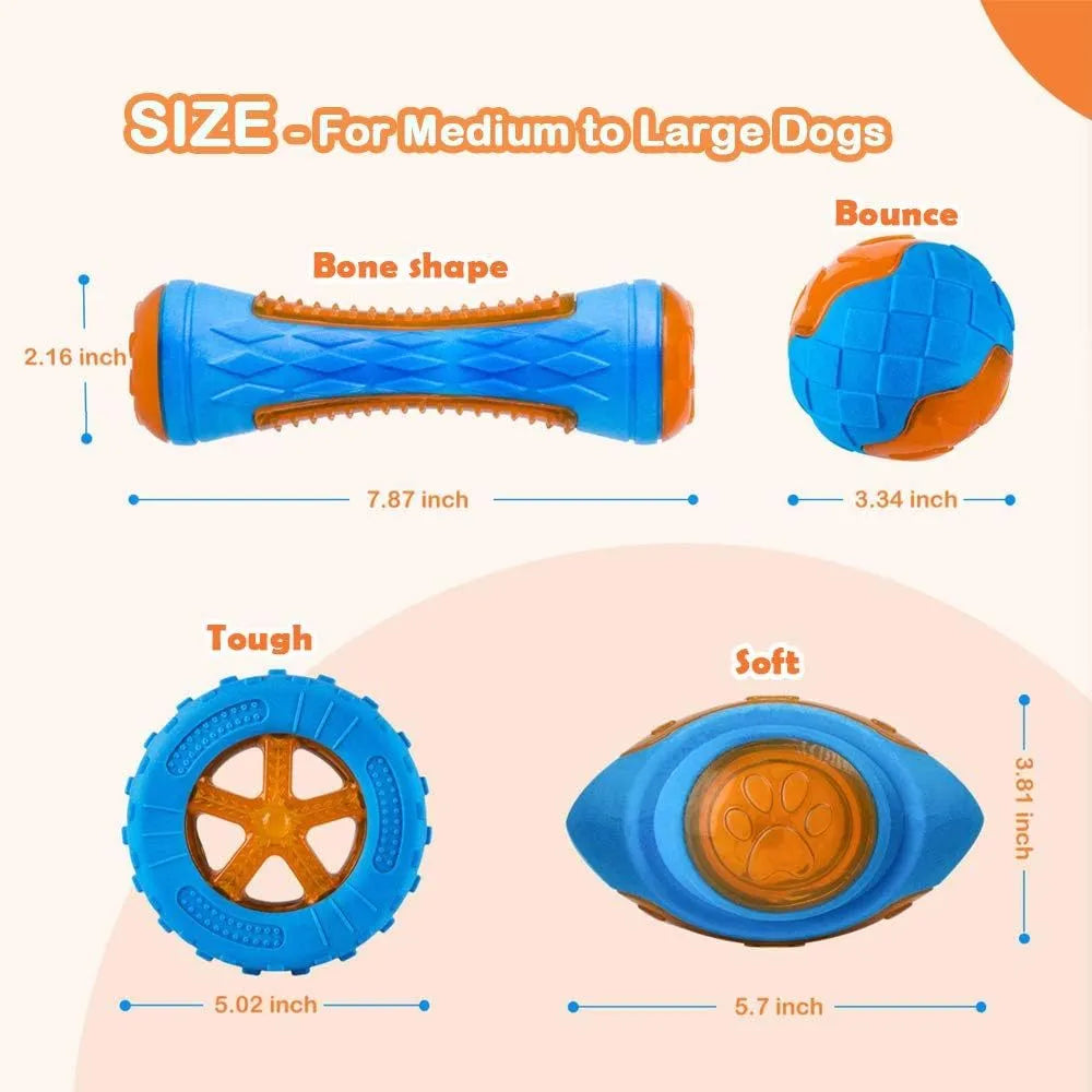 Set of four colourful floating dog toys: a ball, a barbell, and two tyres on a blue background.