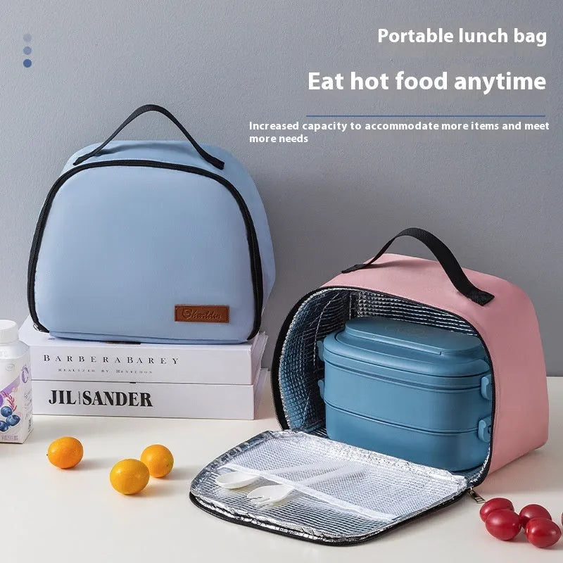 Insulated large capacity lunch box bag in textured cloth, shown in multiple colour options.