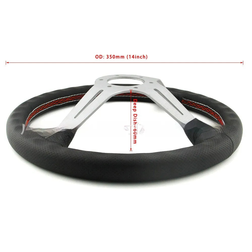 14-inch leather steering wheel with concave middle grip in black skeleton frame