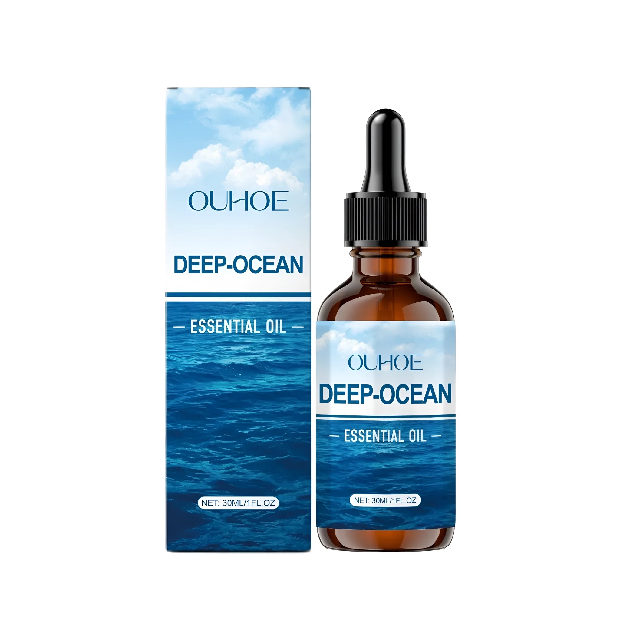 30ml bottle of Deep-Ocean Essential Oil blend with dropper on dark background