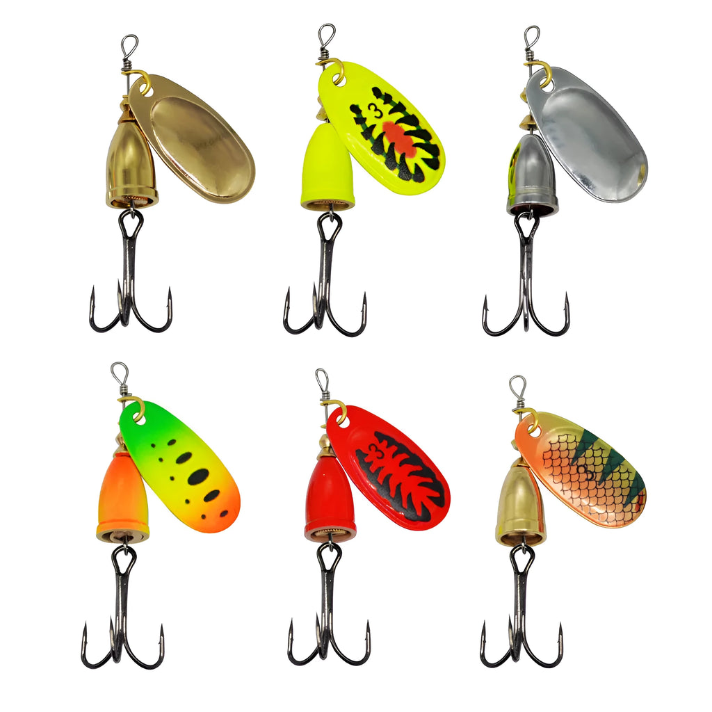 R composite rotating sequins copper bell metal fishing lure in multiple colour options on a tackle box.