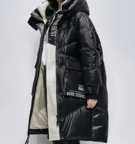 Women's polished black ultra-thin down jacket 100cm mid-length loose fit coat white duck down filling