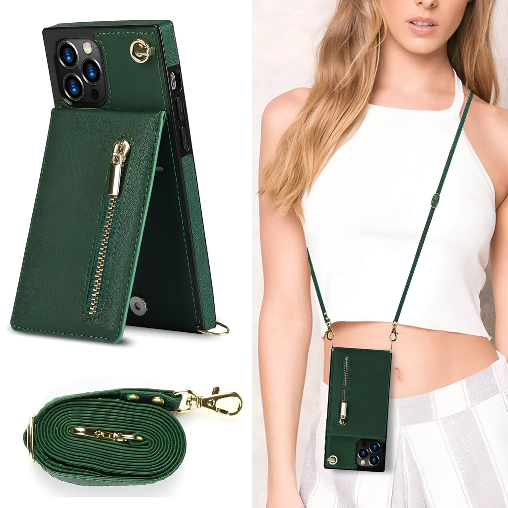 Leather and TPU protective phone case for smartphone in black, green, purple, red, and rose gold colours.