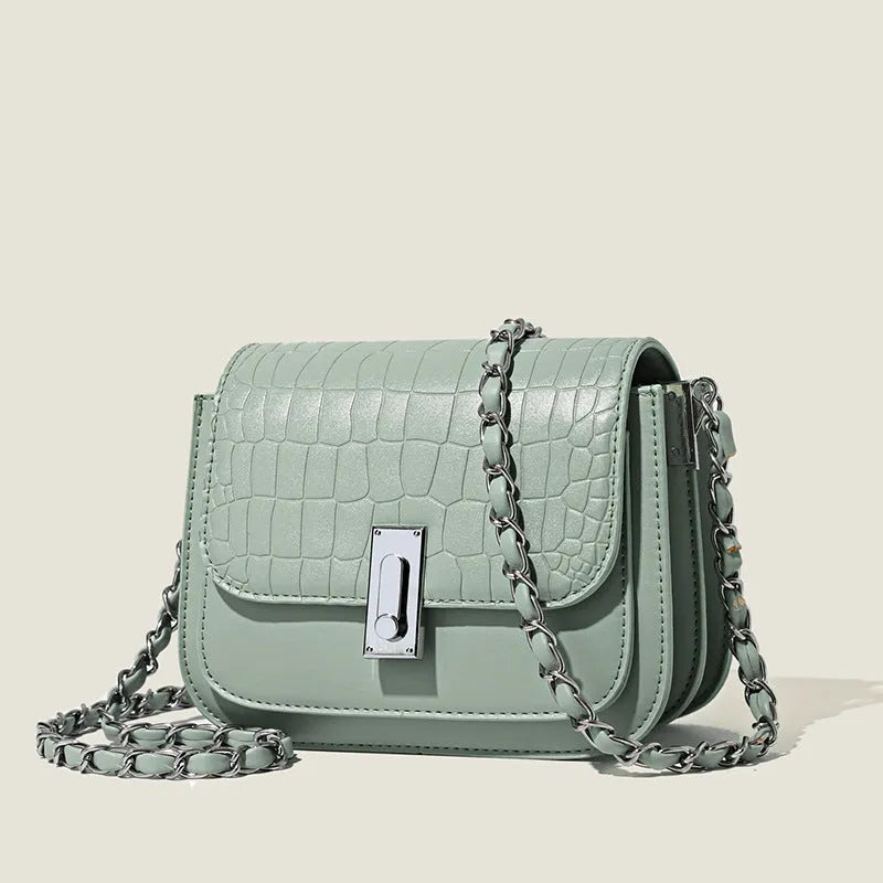 Women's soft PU chain shoulder bag in horizontal square shape with chain strap and sandwich pocket