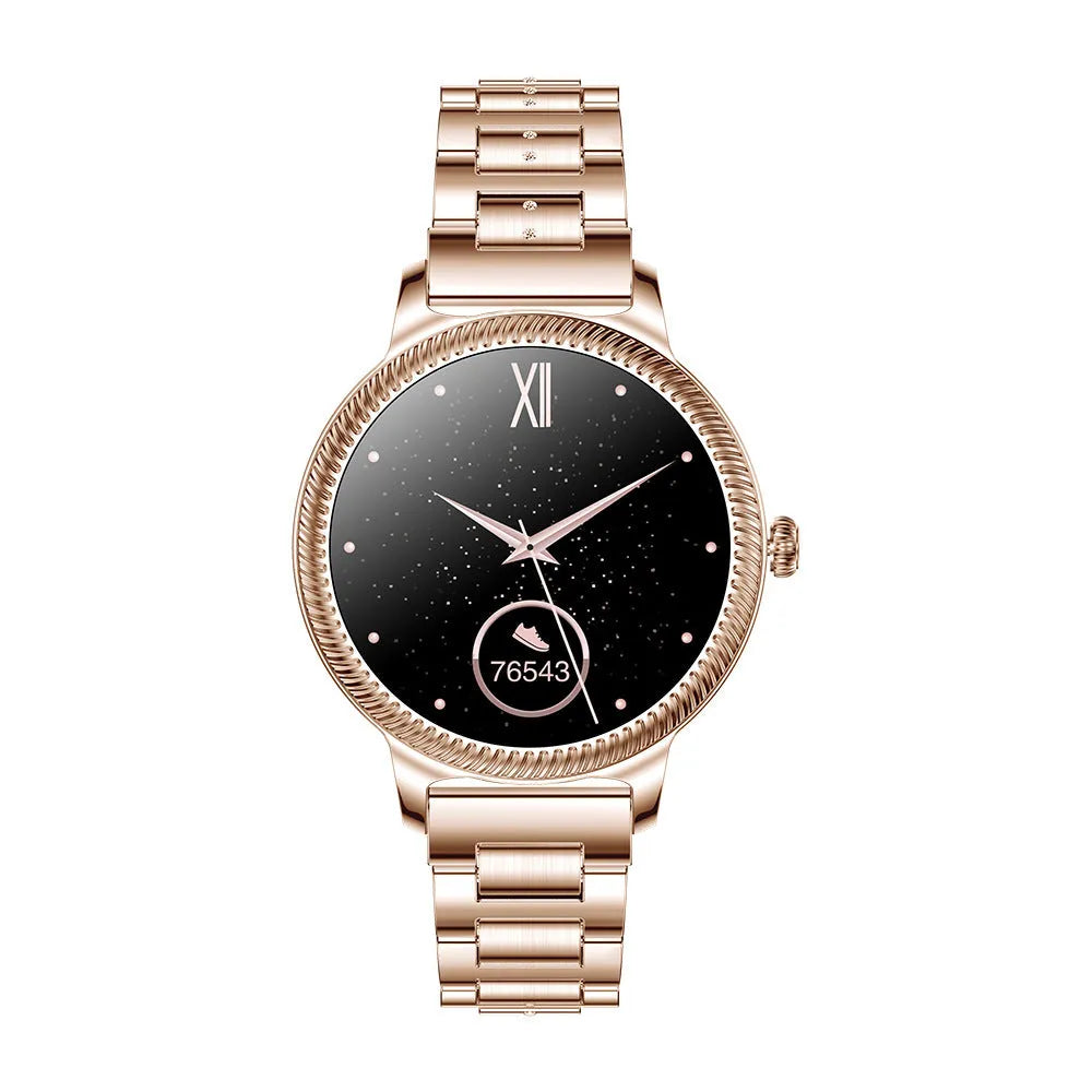 AK38 ladies smart watch with stainless steel band showing on wrist, screen displaying time.