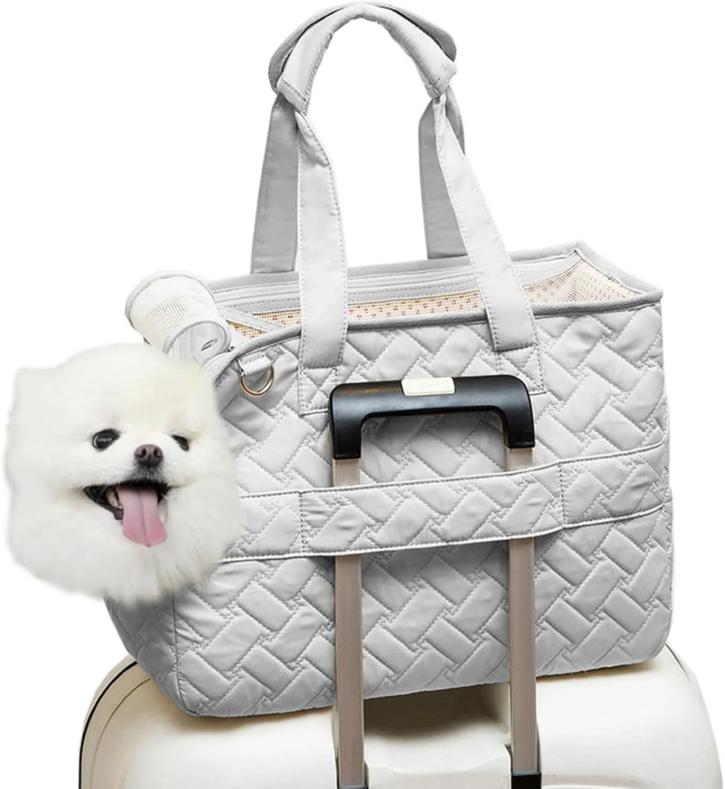 Grey pet carrier handbag with mesh panels and a safety tether for a small dog.