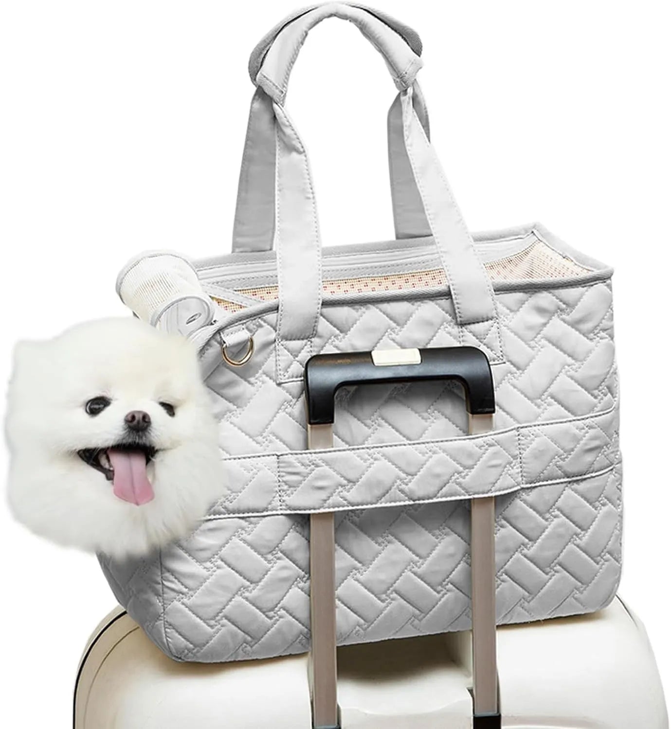 Grey pet carrier handbag with mesh panels and a safety tether for a small dog.