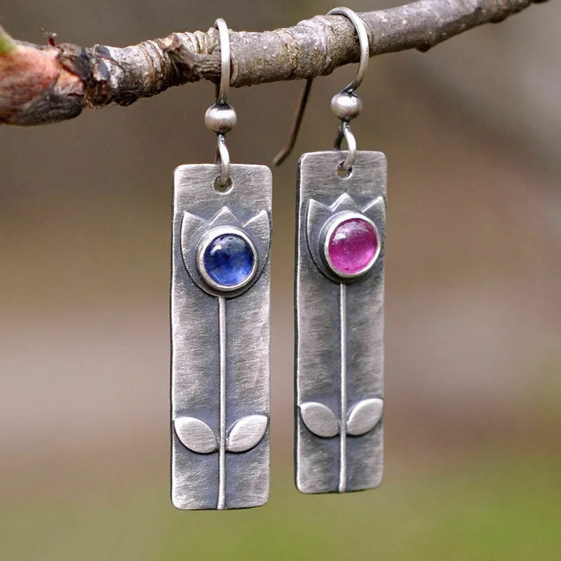 Women's antique finish red sapphire geometric earrings with ellipse design