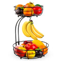 Double-layer black wrought iron fruit basket with two storage tiers for fruits and vegetables