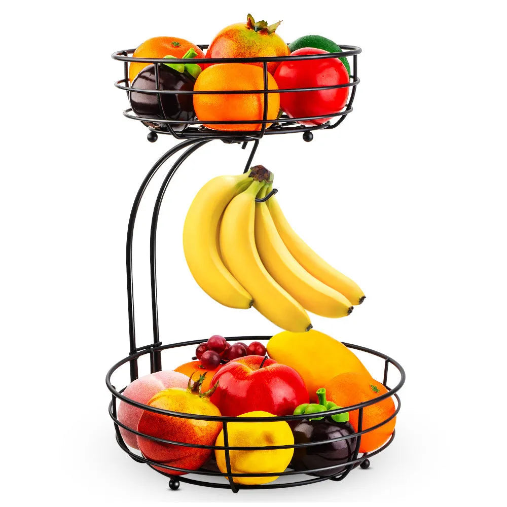 Double-layer black wrought iron fruit basket with two storage tiers for fruits and vegetables