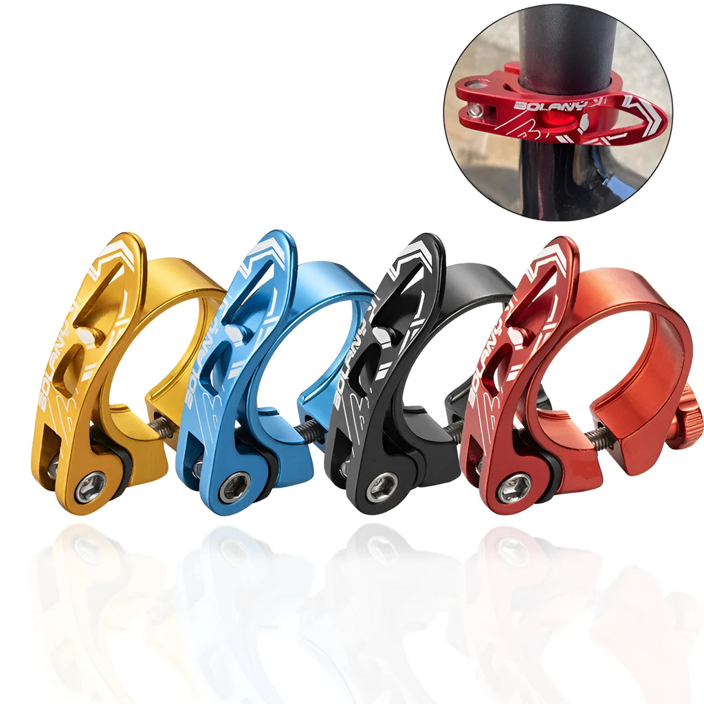 Aluminium mountain bicycle seat post clamp in black, blue, gold, or red.