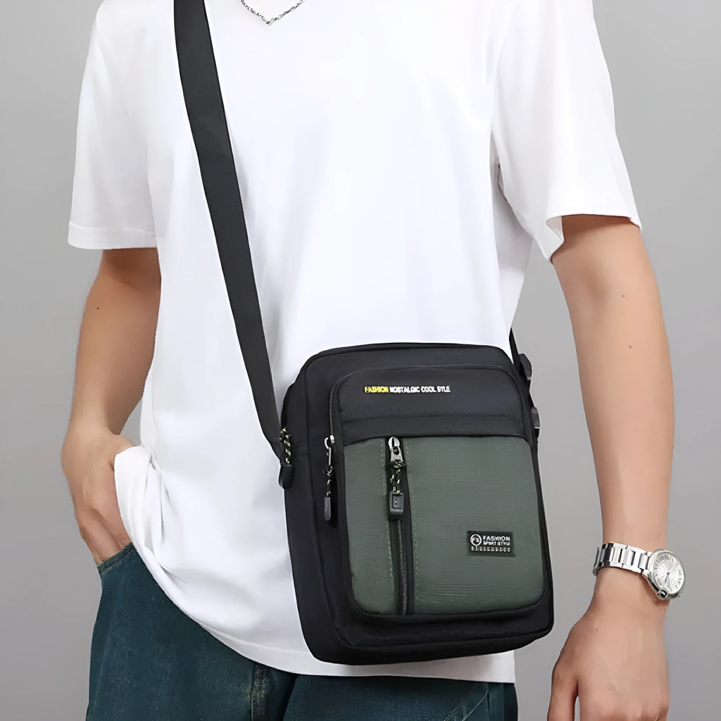 Men's casual nylon crossbody messenger bag in four colour options: black, blue, gray, green