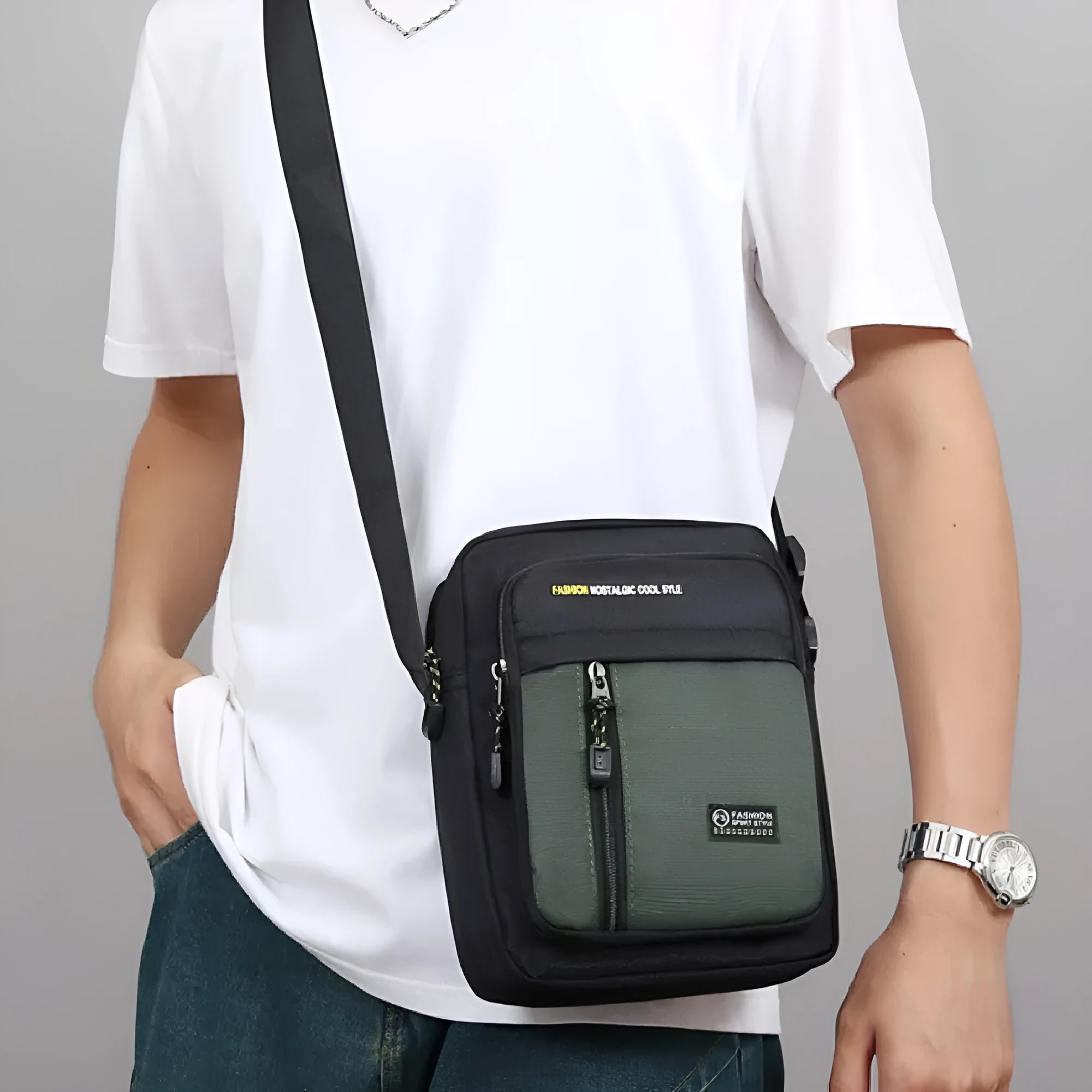 Men's casual nylon crossbody messenger bag in four colour options: black, blue, gray, green