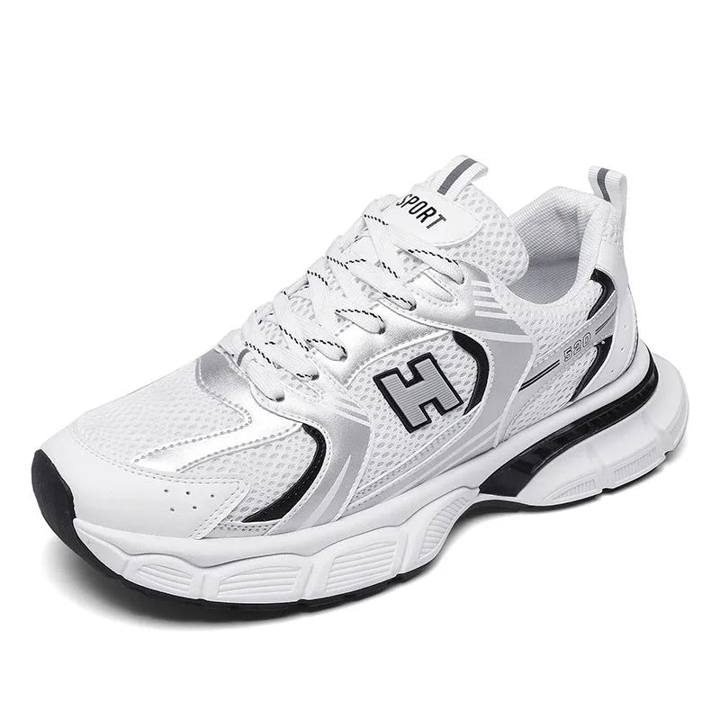 Men's white and gray mesh casual running shoes with a round toe and injection moulded plastic sole.