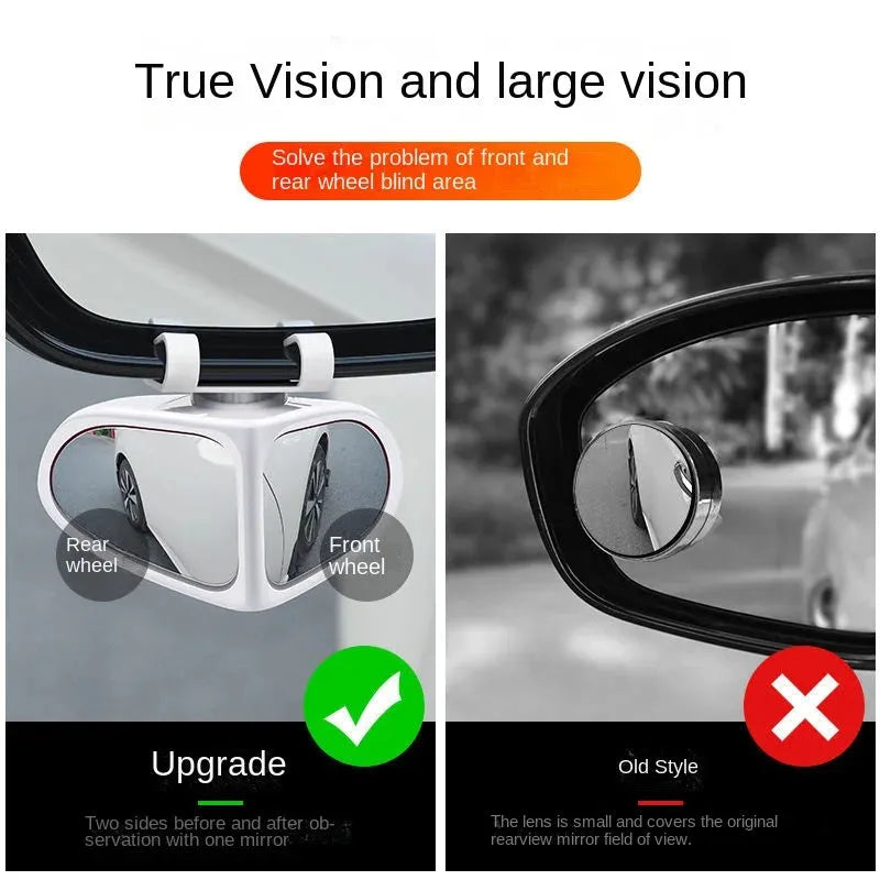 Car reversing small round wide-angle auxiliary mirror with adjustable ball joint, black, on a silver car side mirror