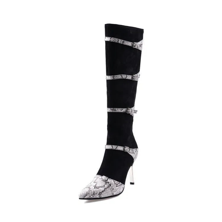 Women's grey and black knee high boots with 9cm thin heels and velvet lining