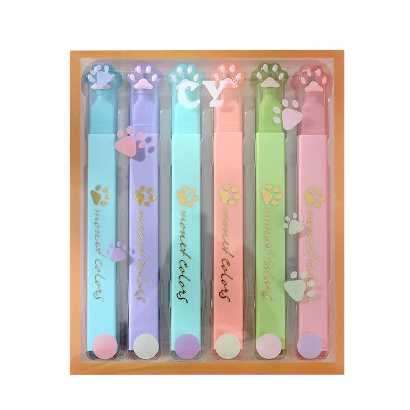 Cat's Paw box of six fluorescent marking pens with oblique heads in assorted colours.