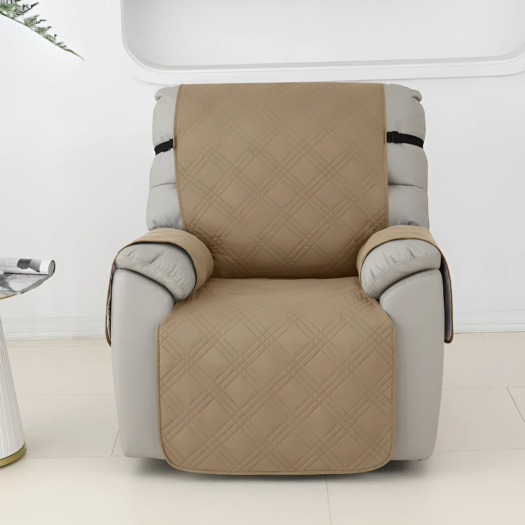 Quilted burgundy polyester spandex cover fitted on a Chivas massage chair sofa cushion.
