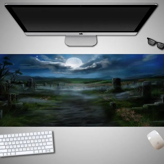 Halloween-themed oversized mouse pad with non-slip rubber cloth backing on a desk