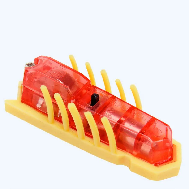 Mini electric bug cat toy in ladybug style with red body, PVC construction, crawling on a wooden floor