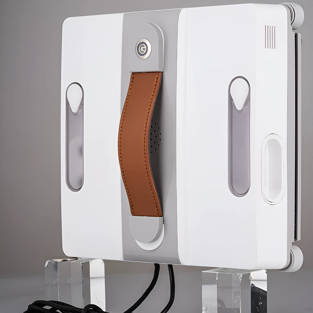White electric window cleaning robot for automated high-rise window maintenance