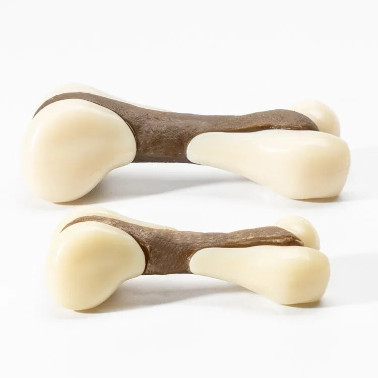Cowhide and nylon bone grinding rod dog chew toy shown in two sizes.