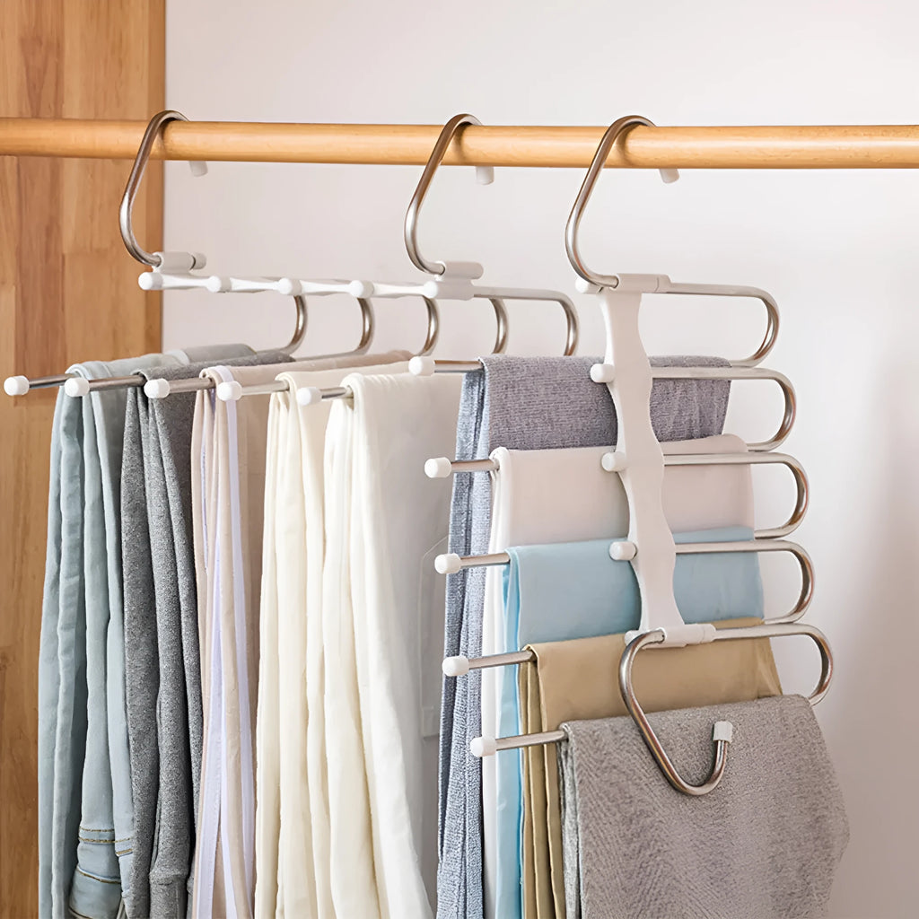 5 in 1 stainless steel pants hanger with five detachable booms and hooks on each rod end, black, 47x18cm