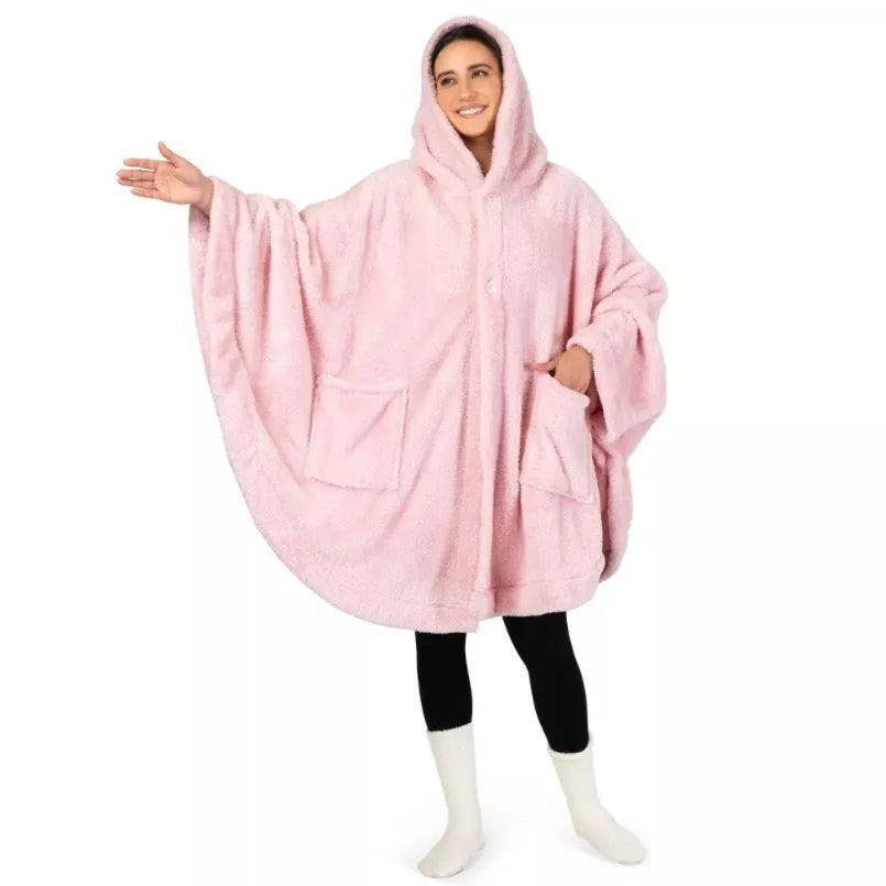 Thickened hooded bathrobe in polyester with long sleeves, available in pink, dark gray and black