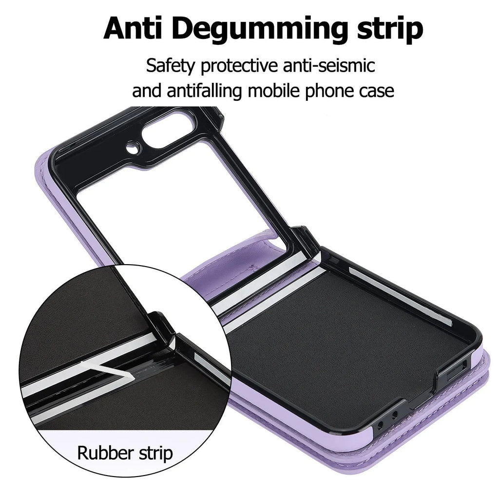 Purple zipper crossbody flip phone case for Samsung Galaxy Z Flip 3/4/5/6 with lanyard and bracket stand