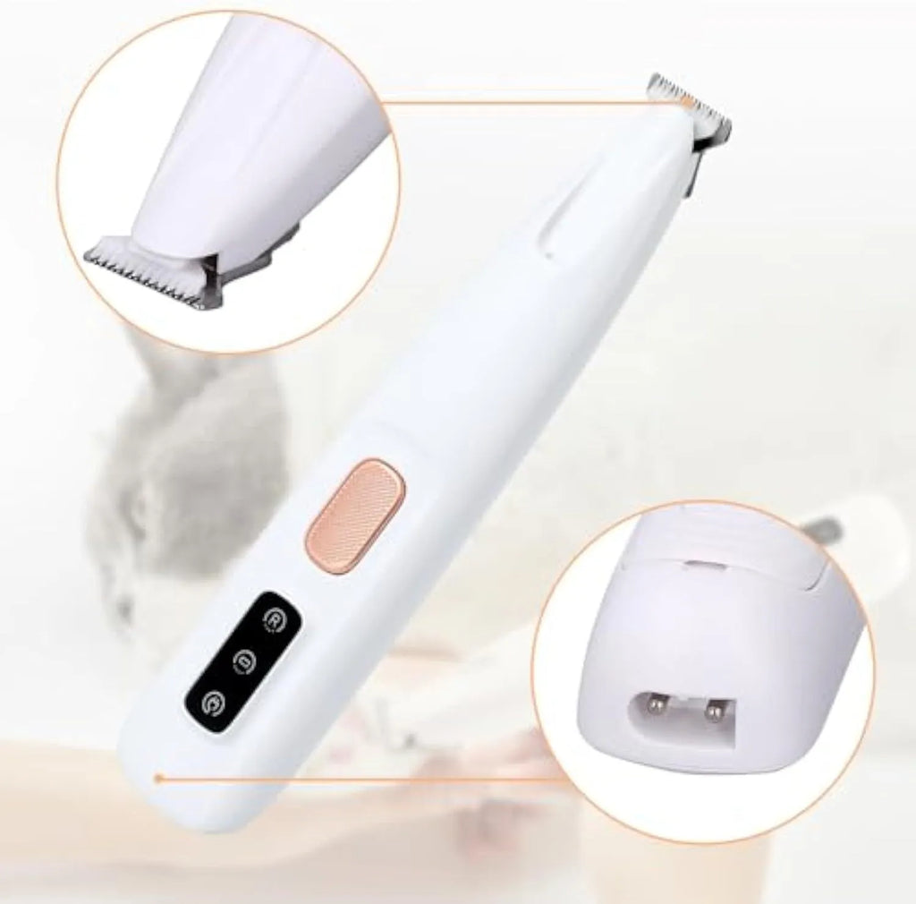 White electric dog paw trimmer with LED light, rechargeable, compact 17.7cm size, for trimming pet paw fur