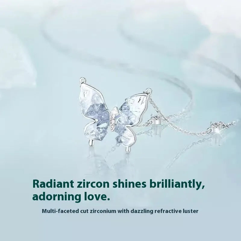 Bingyu butterfly women's necklace with S925 silver chain and electroplated pendant on white background