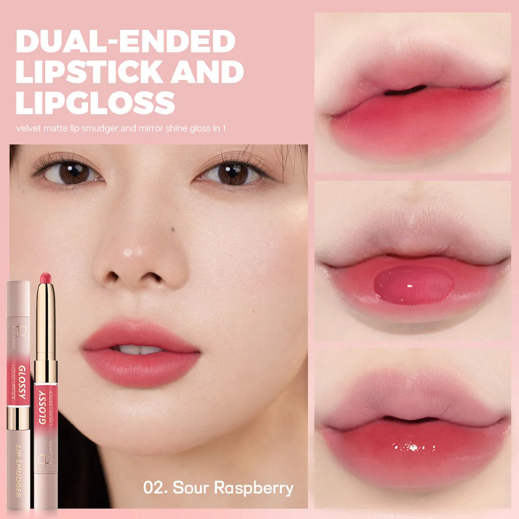 Double-headed lipstick showing matte colour and gloss ends with 10 colour options