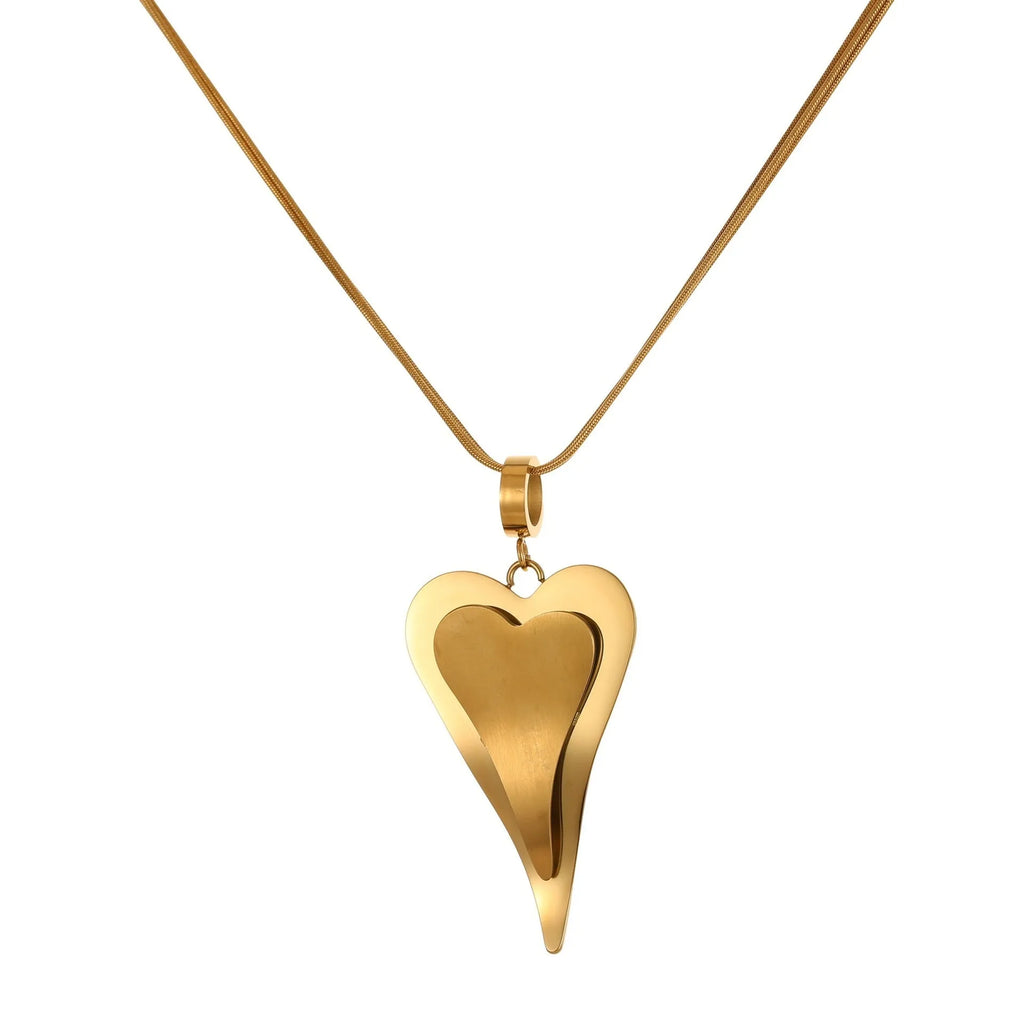Double heart geometric pendant with snake bones chain design stainless steel necklace for women in gold or steel finish
