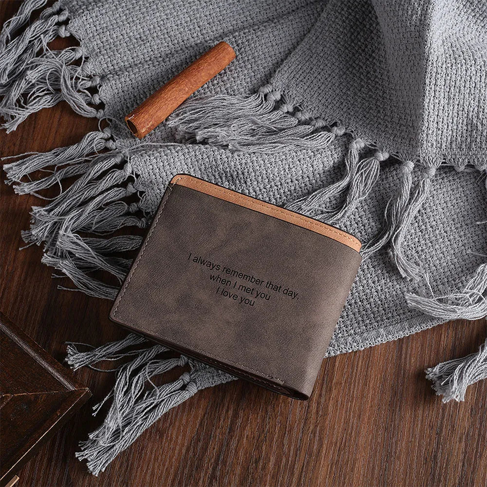 Coffee coloured PU leather engraved wallet showing personalisation panel, closed dimensions 120mm by 99mm.
