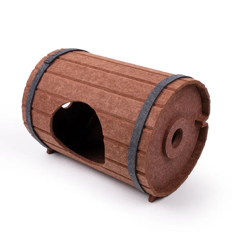 Assembled taupe and cream wine barrel shaped polyester fiber felt cat bed with three panels and two binding straps.