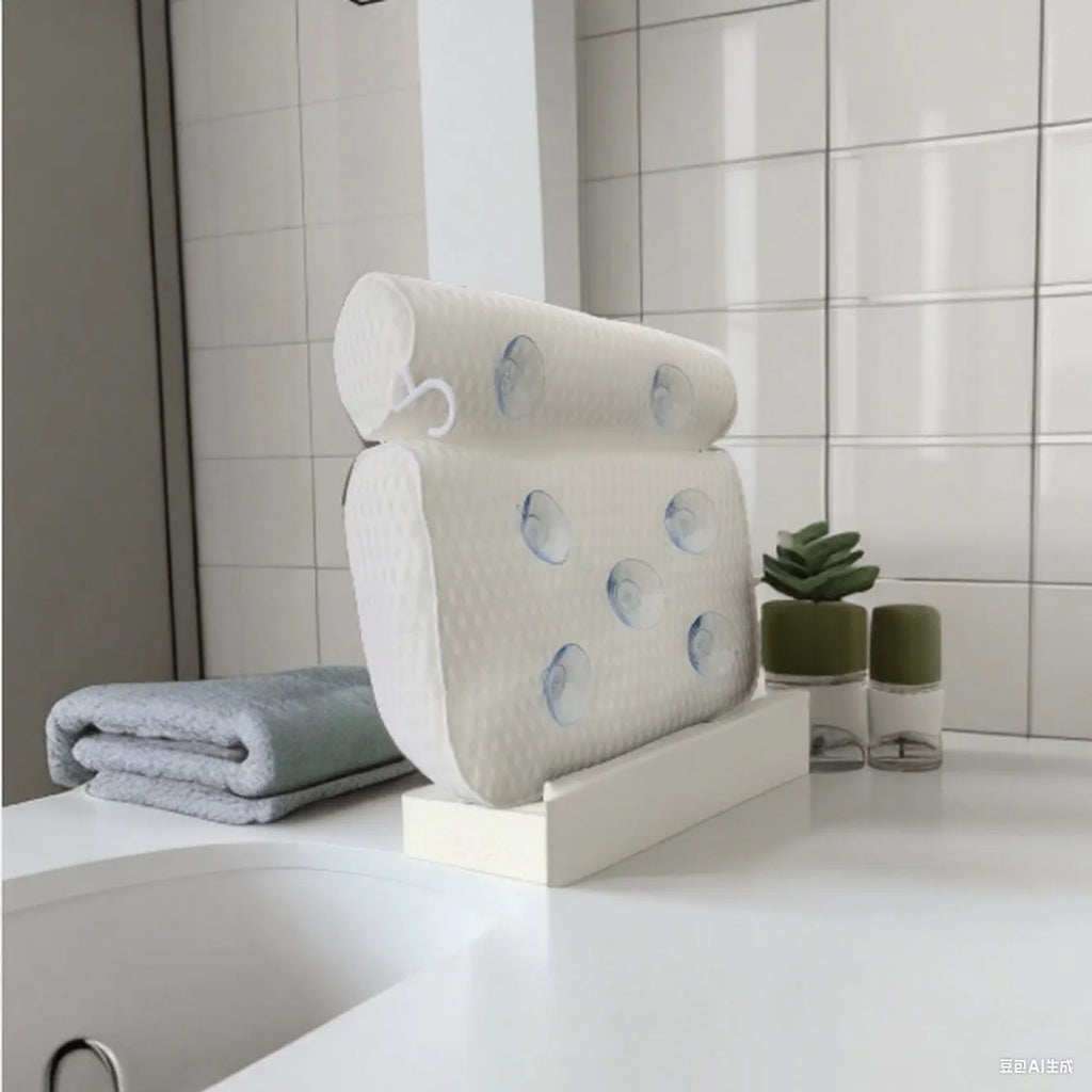White rectangular bathtub pillow with a textured 3D mesh surface and large white suction cups on the back.