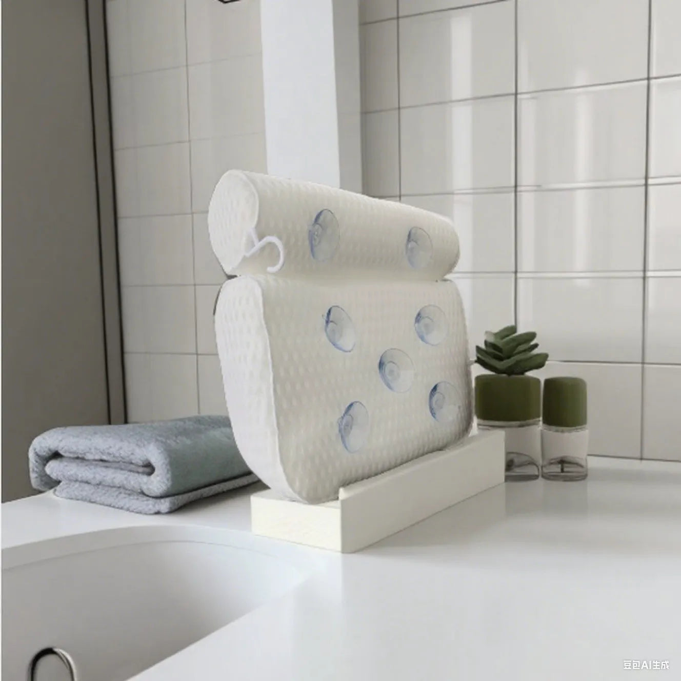 White rectangular bathtub pillow with a textured 3D mesh surface and large white suction cups on the back.