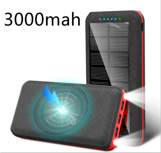 Portable solar power bank with Qi wireless charging and LED flashlight in black