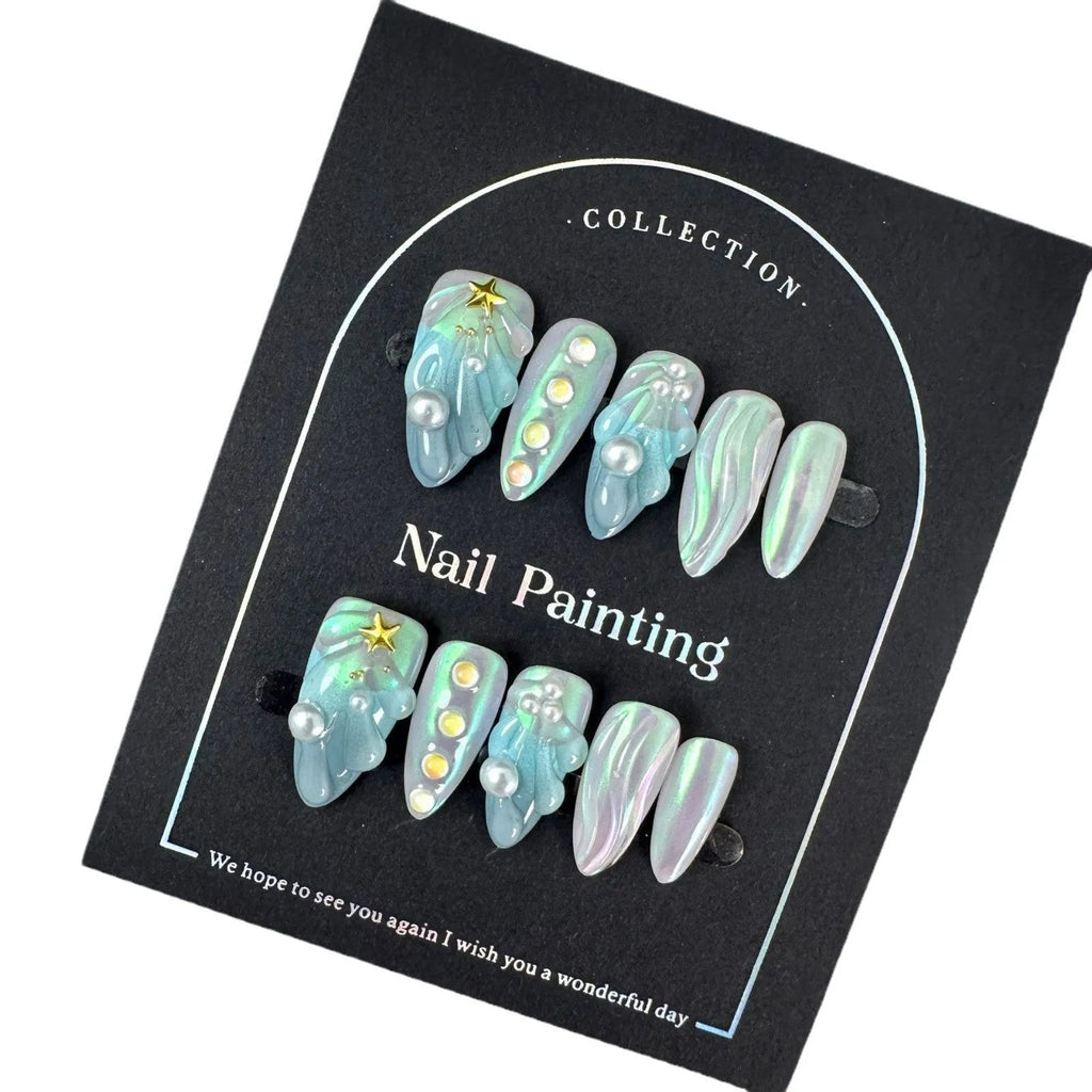 HAILANG blue plastic shell nail sticker set in sizes XS, S, M, L on a white background.