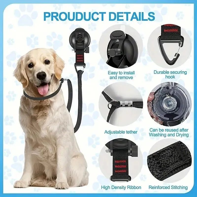 Pet bathing restraint with adjustable rope, handcuffs, and suction cups in black or blue colours