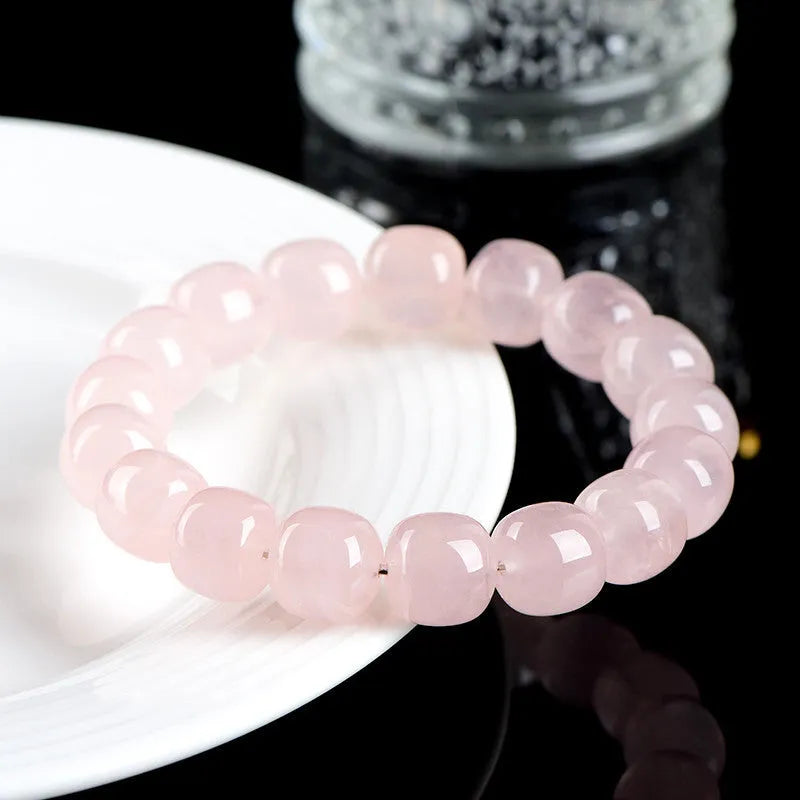 Pink crystal and natural bamboo bracelet with geometric barrel beads